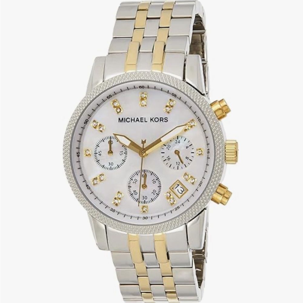 Michael Kors | Two-Tone Silver Gold Chronograph Watch with Stones Pearl Face